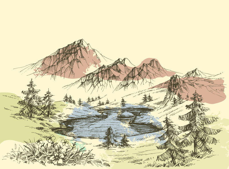 抽象矢量手绘萧瑟的山景插图