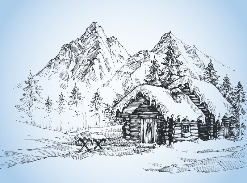 抽象矢量手绘冬季山中的房子插图