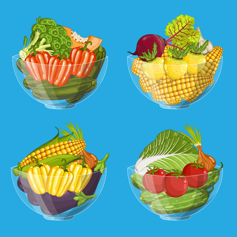 矢量玻璃碗中的新鲜有机蔬菜设计插图