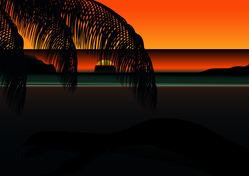 创意矢量夕阳下的棕榈树剪影插图