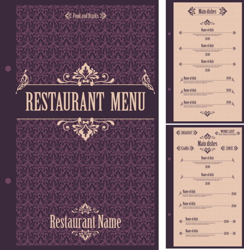 复古风格的餐厅菜单封面和内容设计矢量