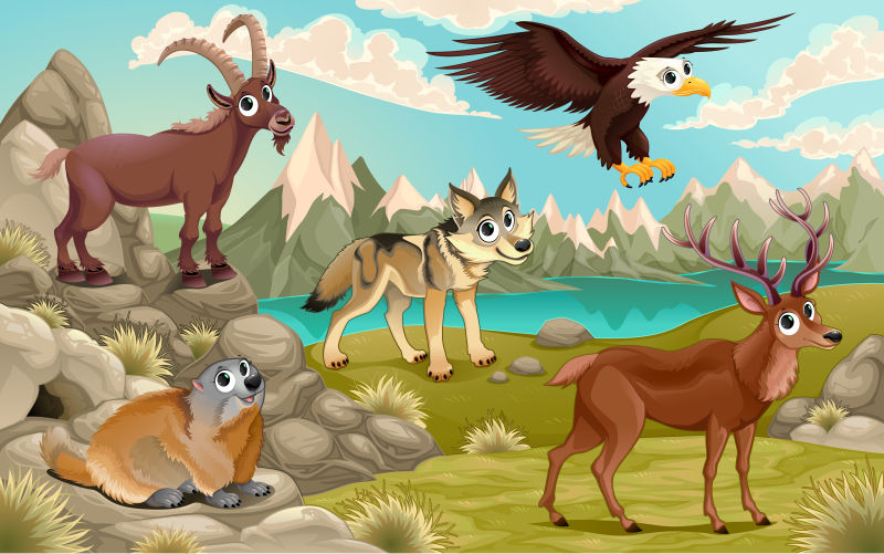 山上的动物矢量卡通插图