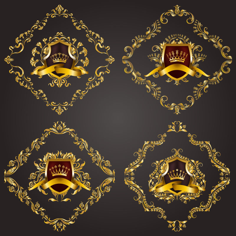 一套金色的皇家盾牌与花卉元素缎带月桂花环页网页设计旧框边框皇冠分界线在老式风格的标签徽章徽章徽标图解EPS10