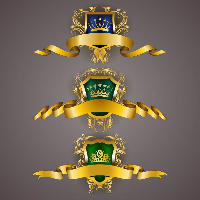 一套金色的皇家盾牌与花卉元素缎带月桂花环页网页设计旧框边框皇冠在老式风格的标签徽章徽章徽标矢量插图EPS10