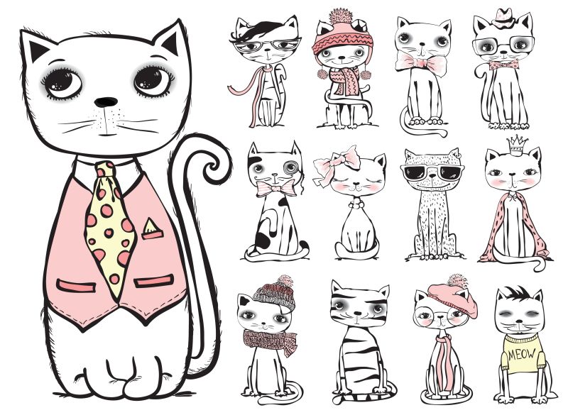 抽象矢量可爱的猫咪设计插图