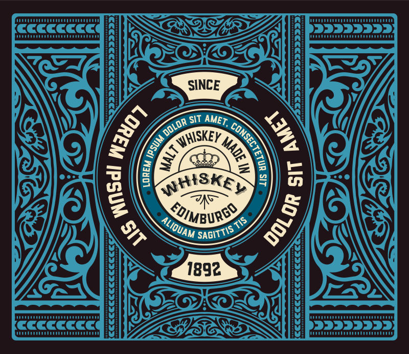 抽象矢量蓝色花纹装饰的威士忌标签设计