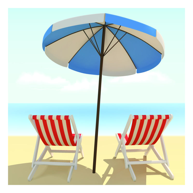 夏日沙滩的床与伞矢量插图