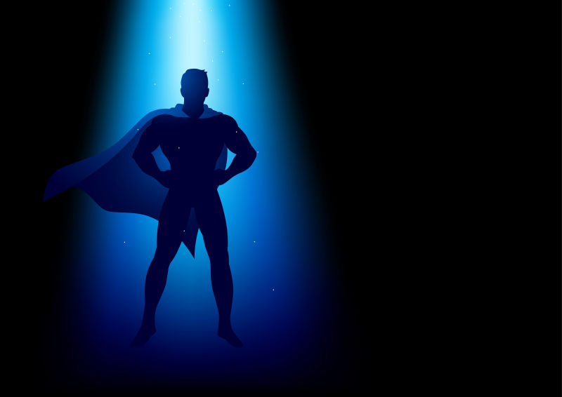 蓝光下的超级英雄剪影矢量插图