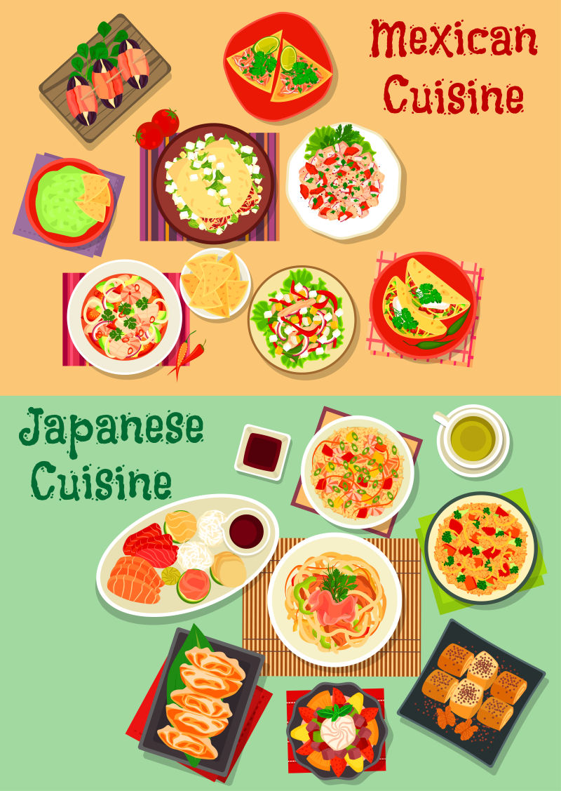 矢量的日本和墨西哥菜肴插图