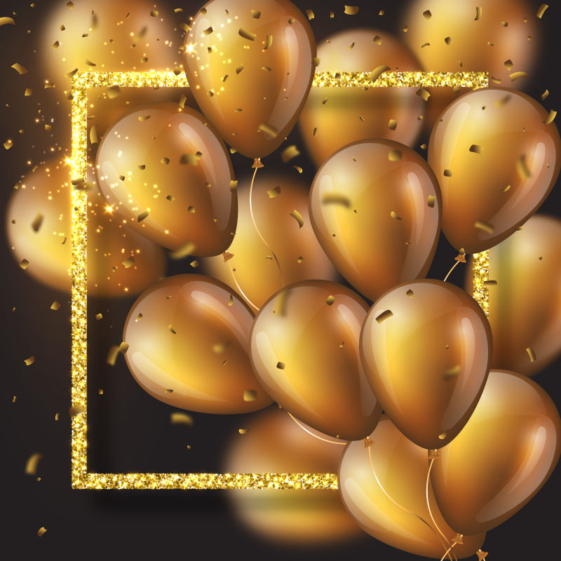 矢量庆祝的金色气球与纸屑