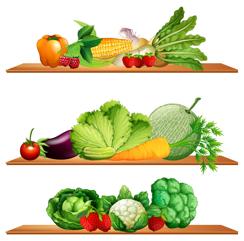 货架上的水果和蔬菜矢量插图