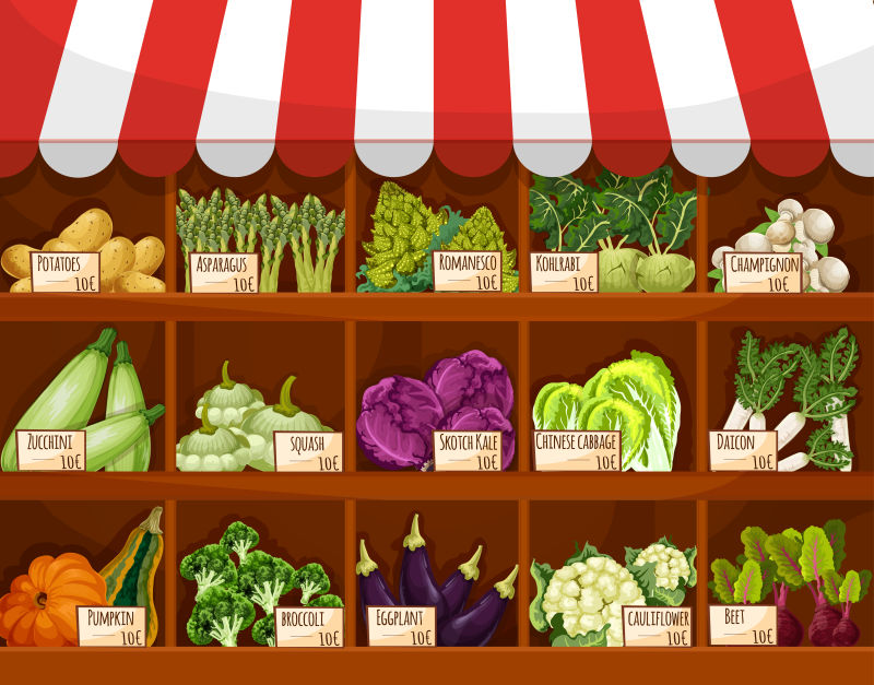 抽象矢量现代蔬菜市场设计插图