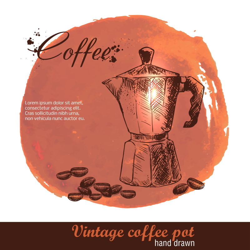 矢量古董手绘咖啡机与咖啡豆