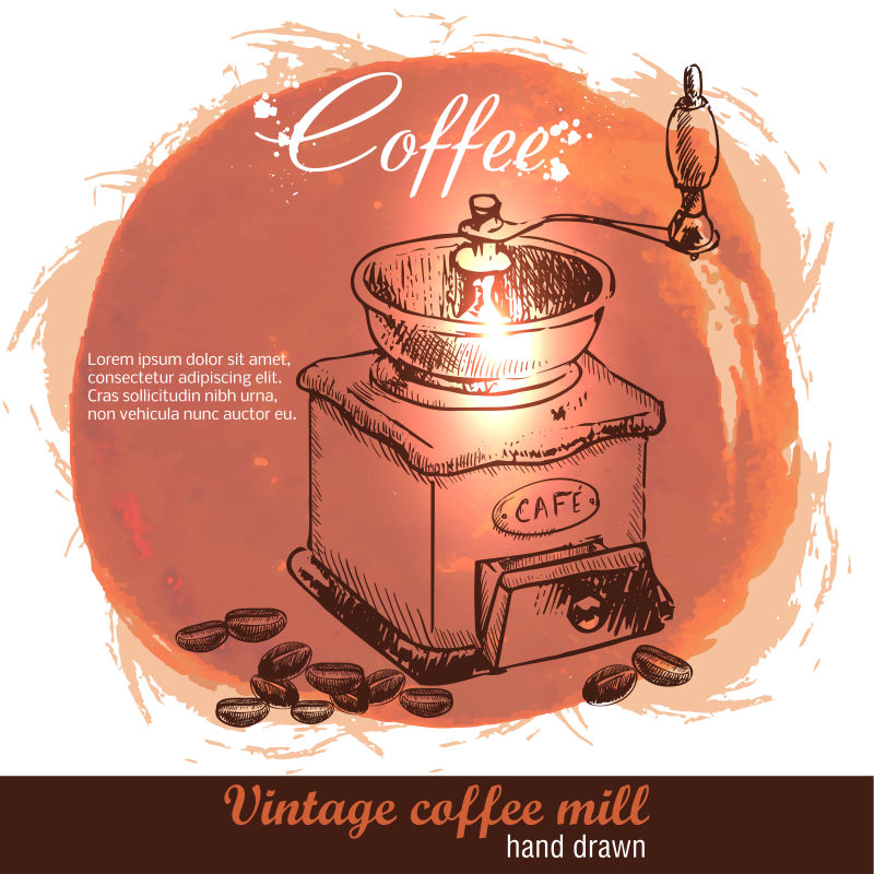 矢量旧式手绘咖啡机与许多咖啡豆