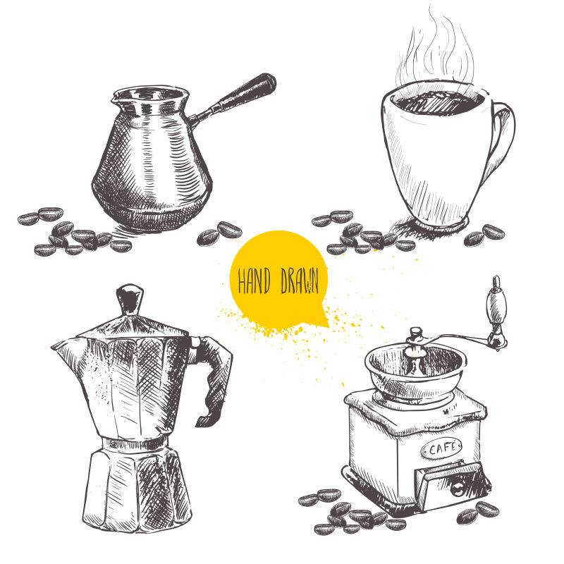 抽象矢量复古手绘素描风格的咖啡插图