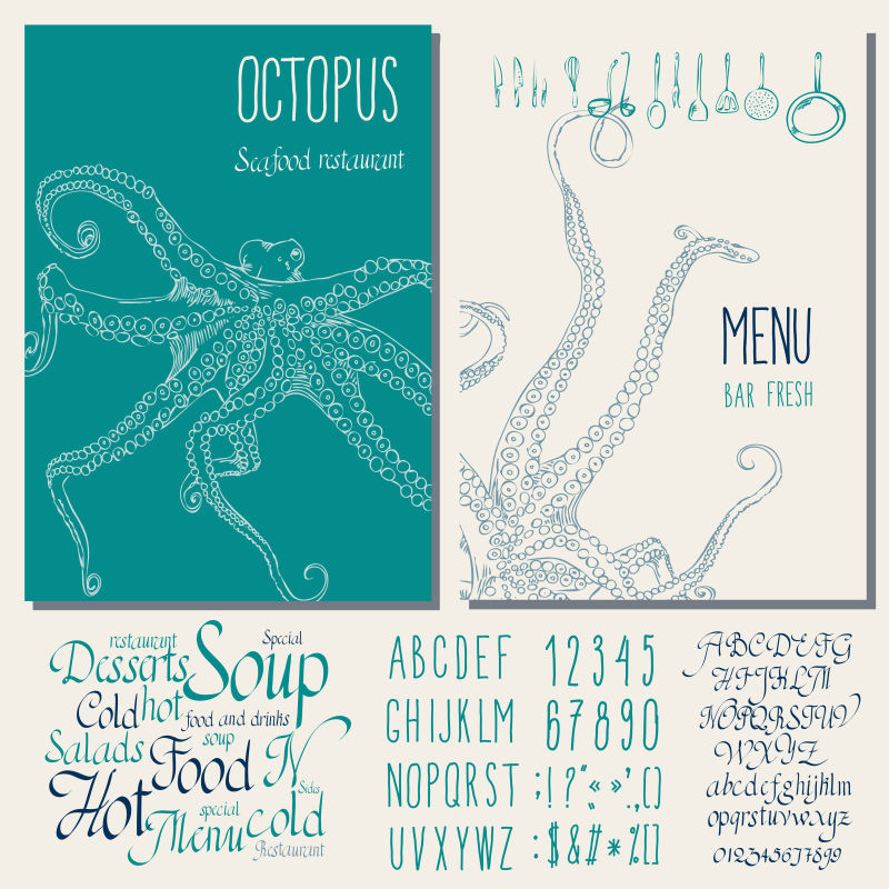 创意矢量现代章鱼元素的平面菜单设计
