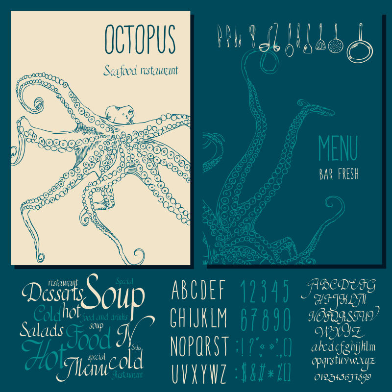 创意矢量手绘章鱼元素的平面菜单设计