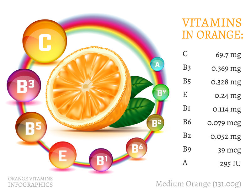 创意矢量橘子所含的营养成分插图设计