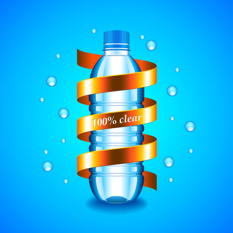 矢量塑料瓶和金丝带的水概念