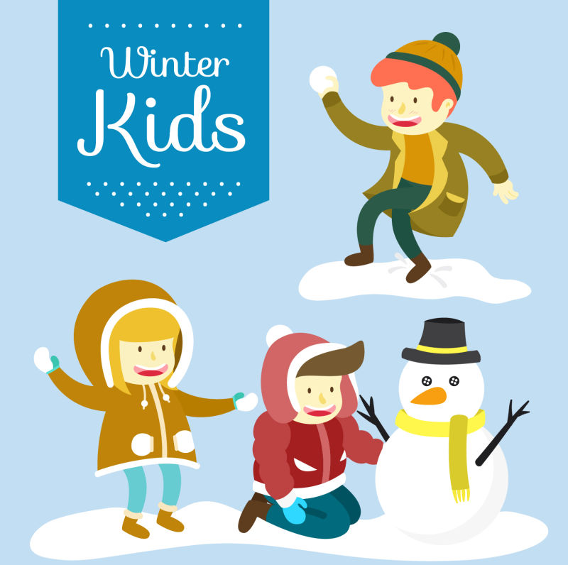 抽象矢量现代冬季玩雪的孩子插图