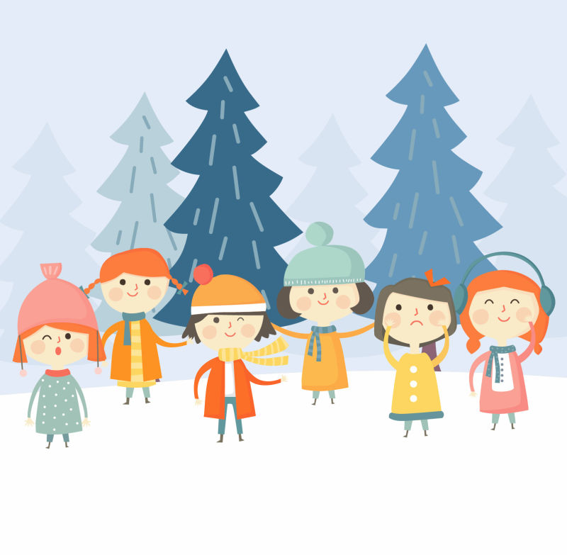 抽象矢量冬日森林里的孩子插图