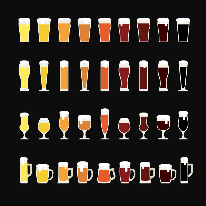 各种各样的啤酒玻璃杯矢量图标
