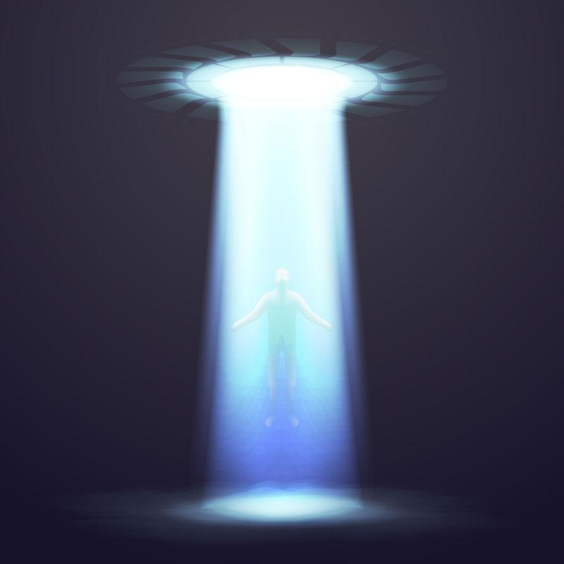 UFO矢量背景与灯光和人物插图