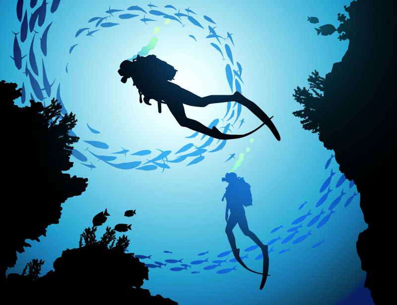 创意矢量海中的潜水员插图