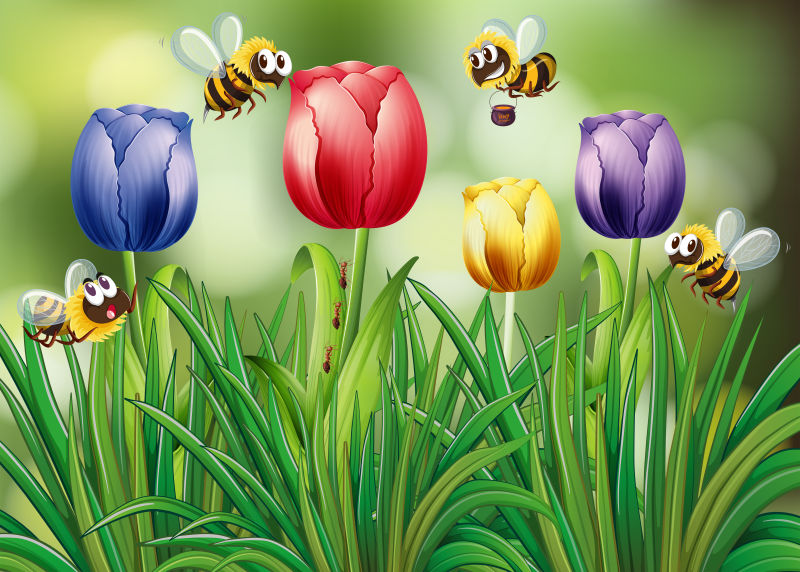抽象矢量卡通采蜜的蜜蜂插图