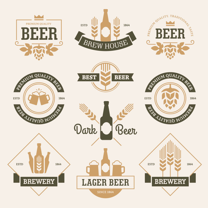 矢量抽象复古啤酒标签平面设计