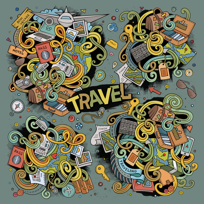 抽象矢量旅游主题的涂鸦设计插图