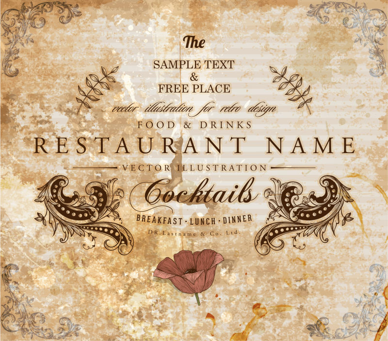 餐厅标签设计与复古菜单设计的旧花框