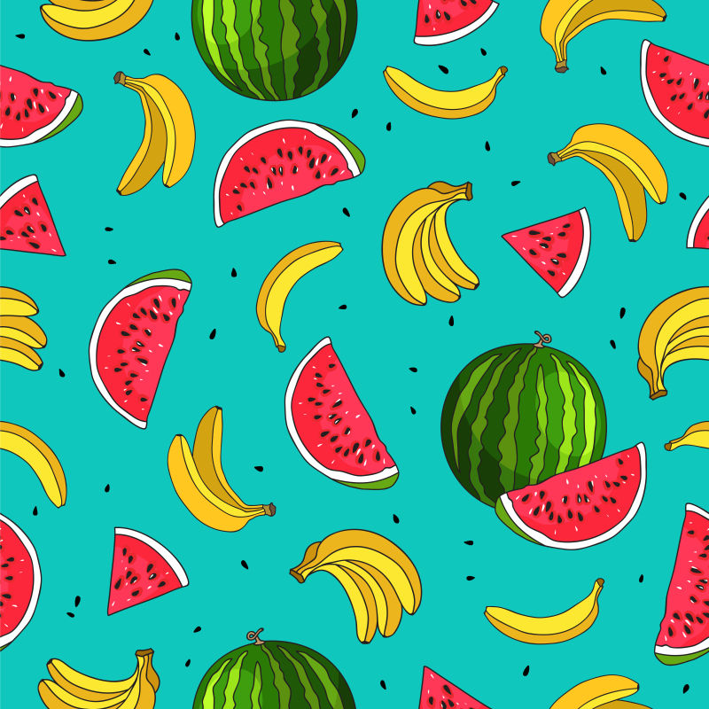 香蕉和西瓜片的夏季无缝矢量图案