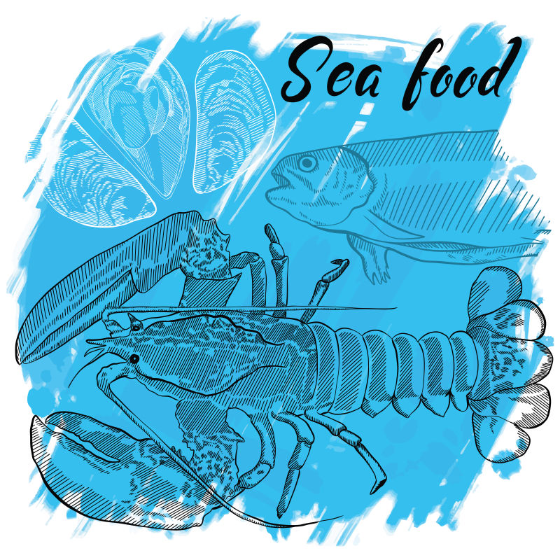 抽象矢量手绘海鲜食物插图