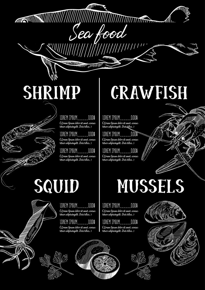 创意矢量海鲜元素的设计菜单插图
