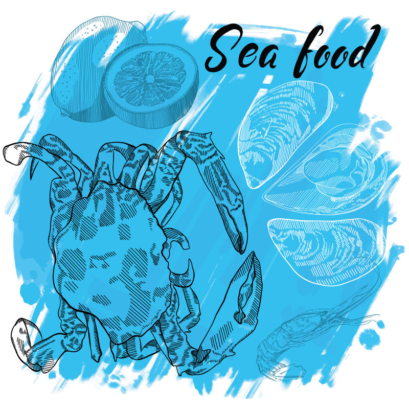 抽象矢量手绘海鲜螃蟹插图