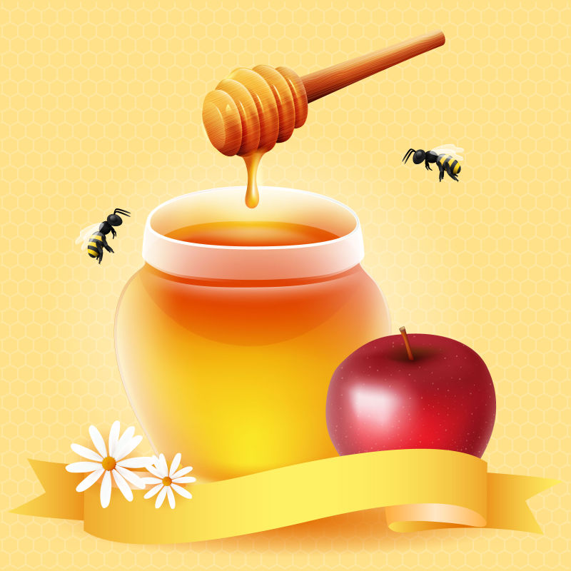 传统的苹果和蜂蜜为Rosh Hashanah设计（犹太新年）