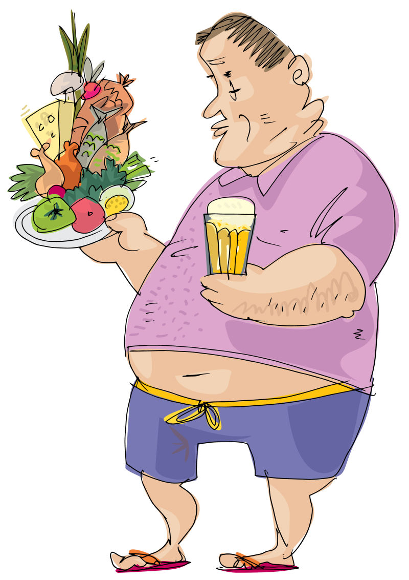 一个包罗万象的游客手里拿着一大堆食物食物滥用的象征性格卡通
