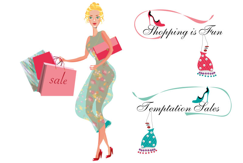 矢量插图与一个漂亮的金发时尚妇女与购物袋和广告铭文在粉红色和绿松石色