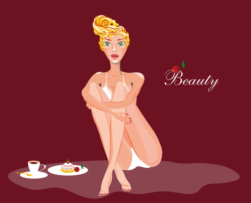 矢量插图一位年轻漂亮的金发碧眼的女人坐在那里坐着一杯咖啡和一块蛋糕