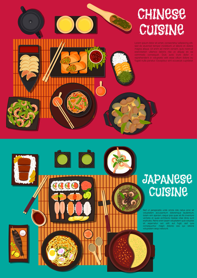 抽象矢量平面风格的中式菜肴和日式菜肴插图
