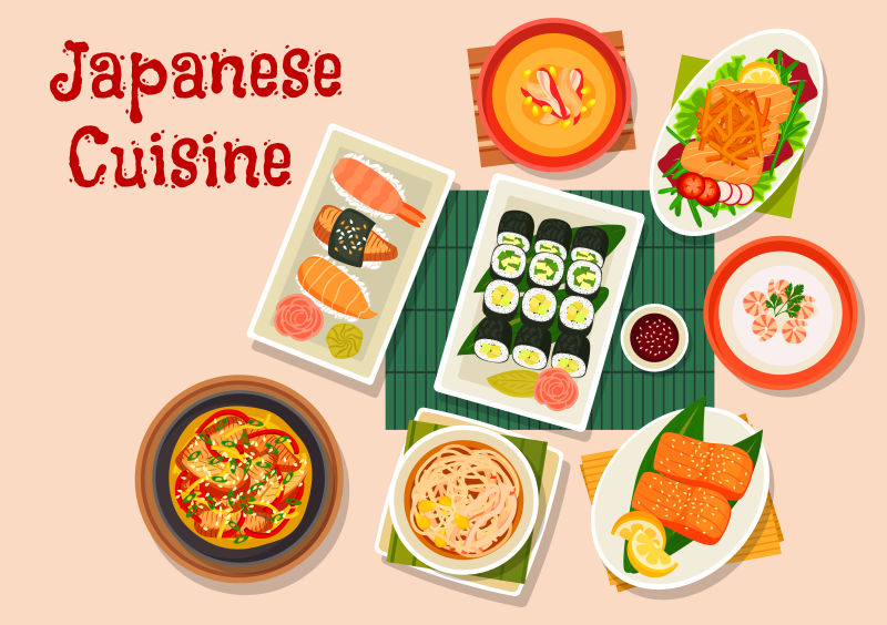 矢量抽象日本料理的平面插图