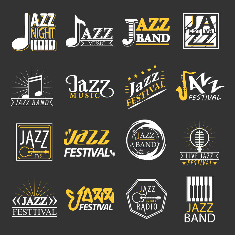 爵士音乐节标志设置在黑色背景上节日标志