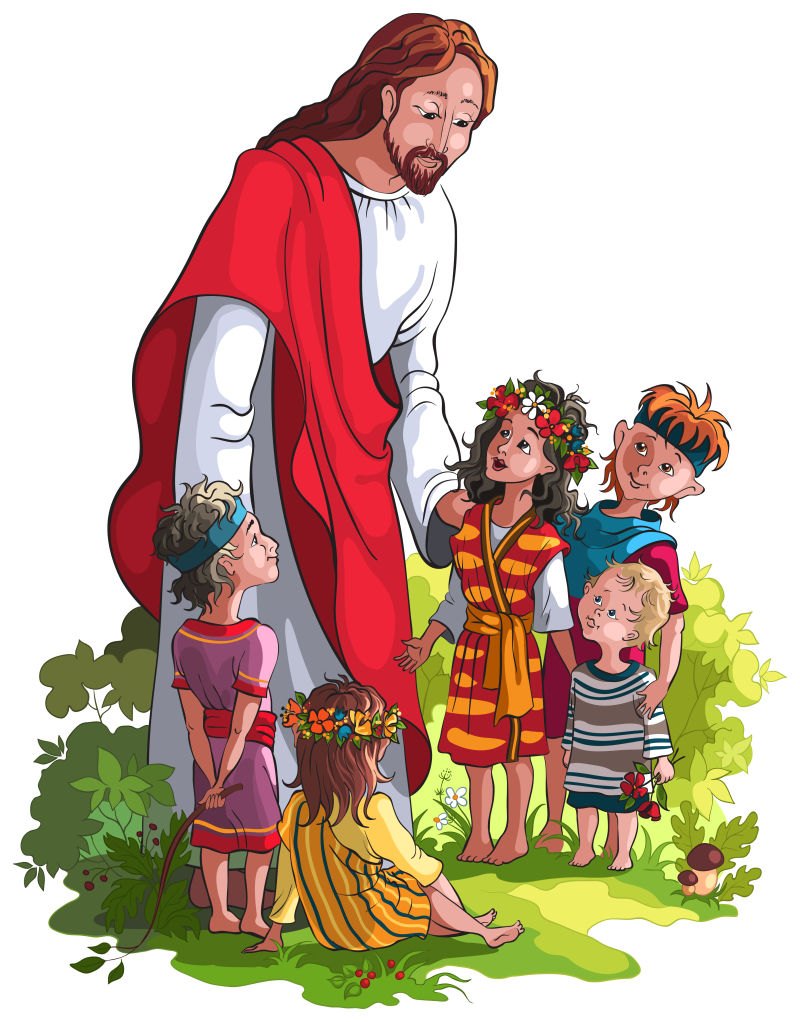 抽象矢量卡通给孩子讲故事的基督插图设计
