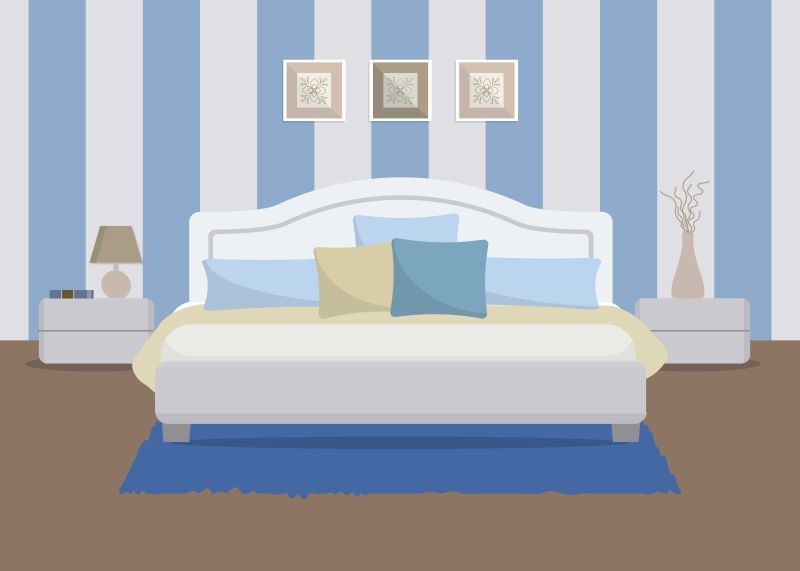创意矢量蓝白条纹的卧室设计插图