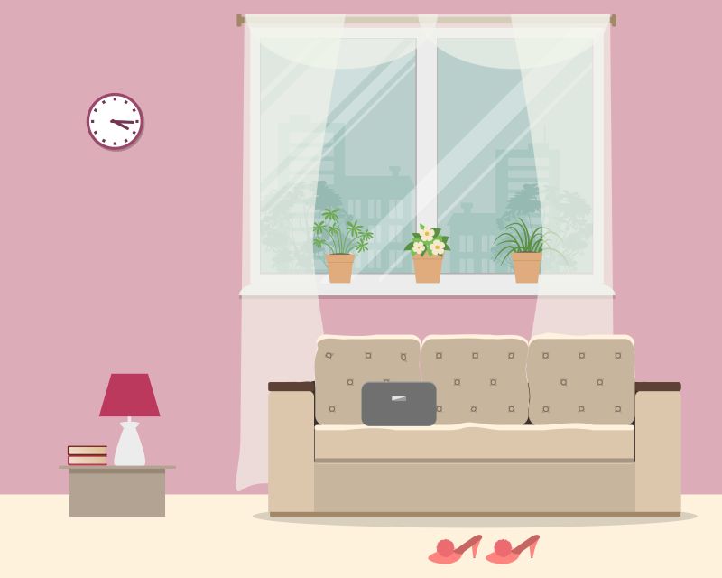 矢量粉色温馨的客厅设计插图