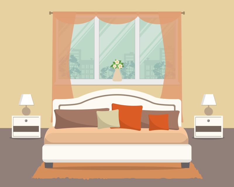 矢量米色有窗卧室的室内设计插图