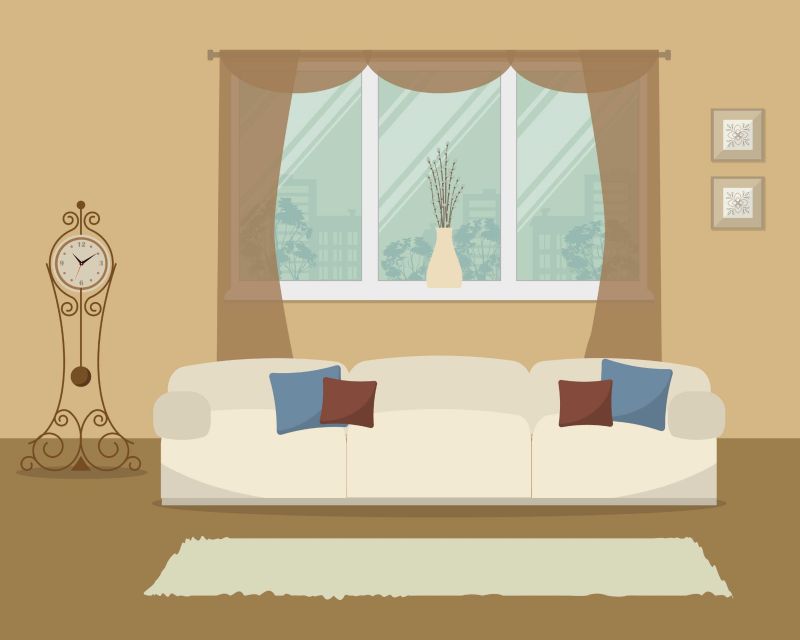 创意矢量有米色沙发的客厅设计插图