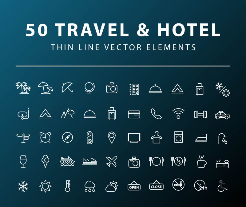 抽象矢量旅行和酒店主题的细线图标设计