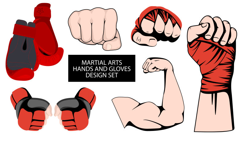 拳击手套或拳击手套设计元素集混合武术收藏拳击徽章或标志理念矢量运动手图标